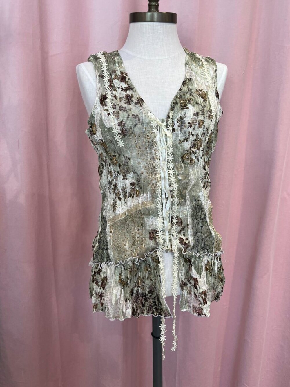 Y2K Le Grenier Crinkle Mesh Ruffle Top Daisy Lace Ribbon Tie Floral Print Size M - Picture 8 of 8